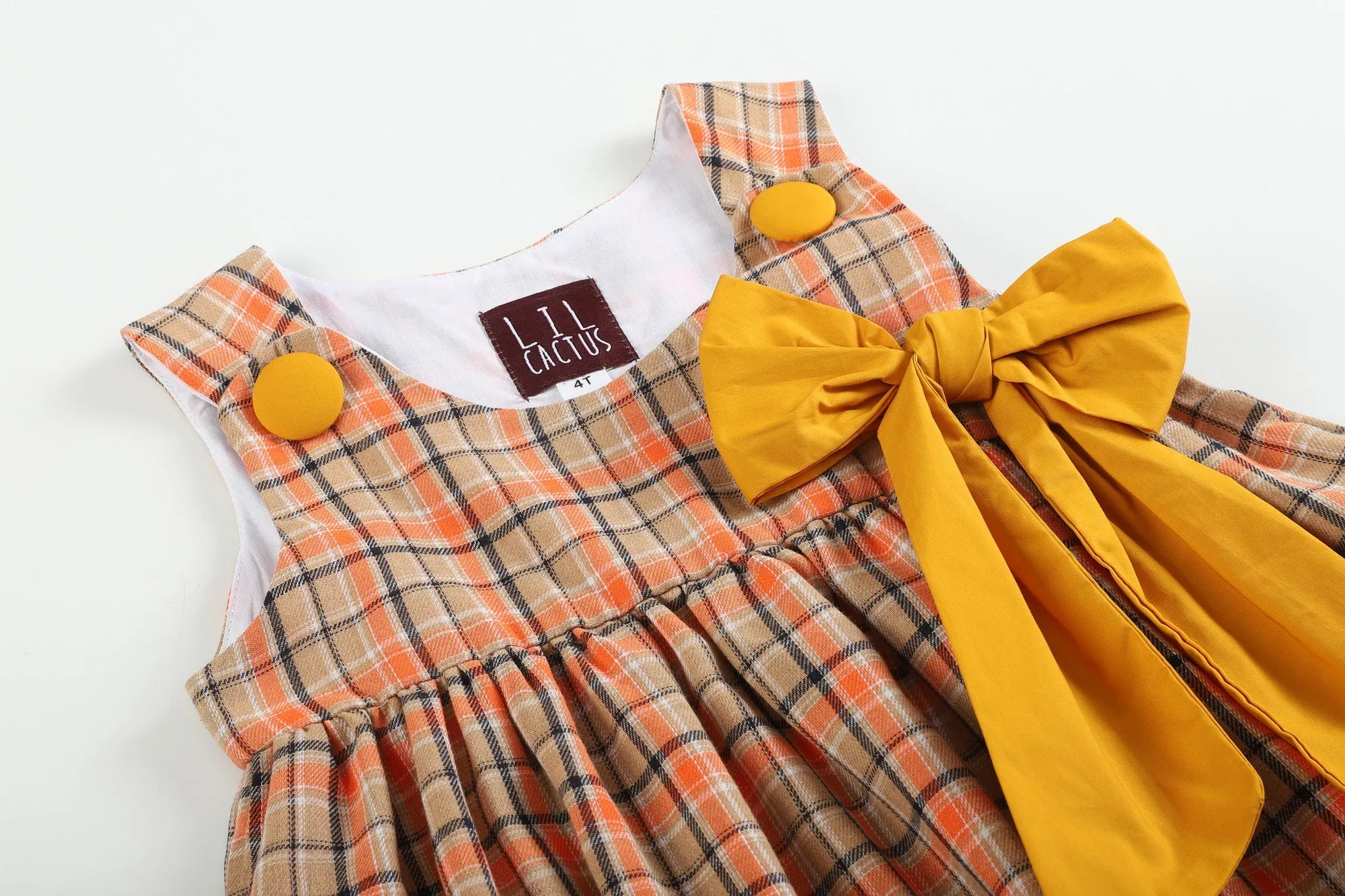 Brown & Mustard Plaid Turkey Bow Corduroy Dress