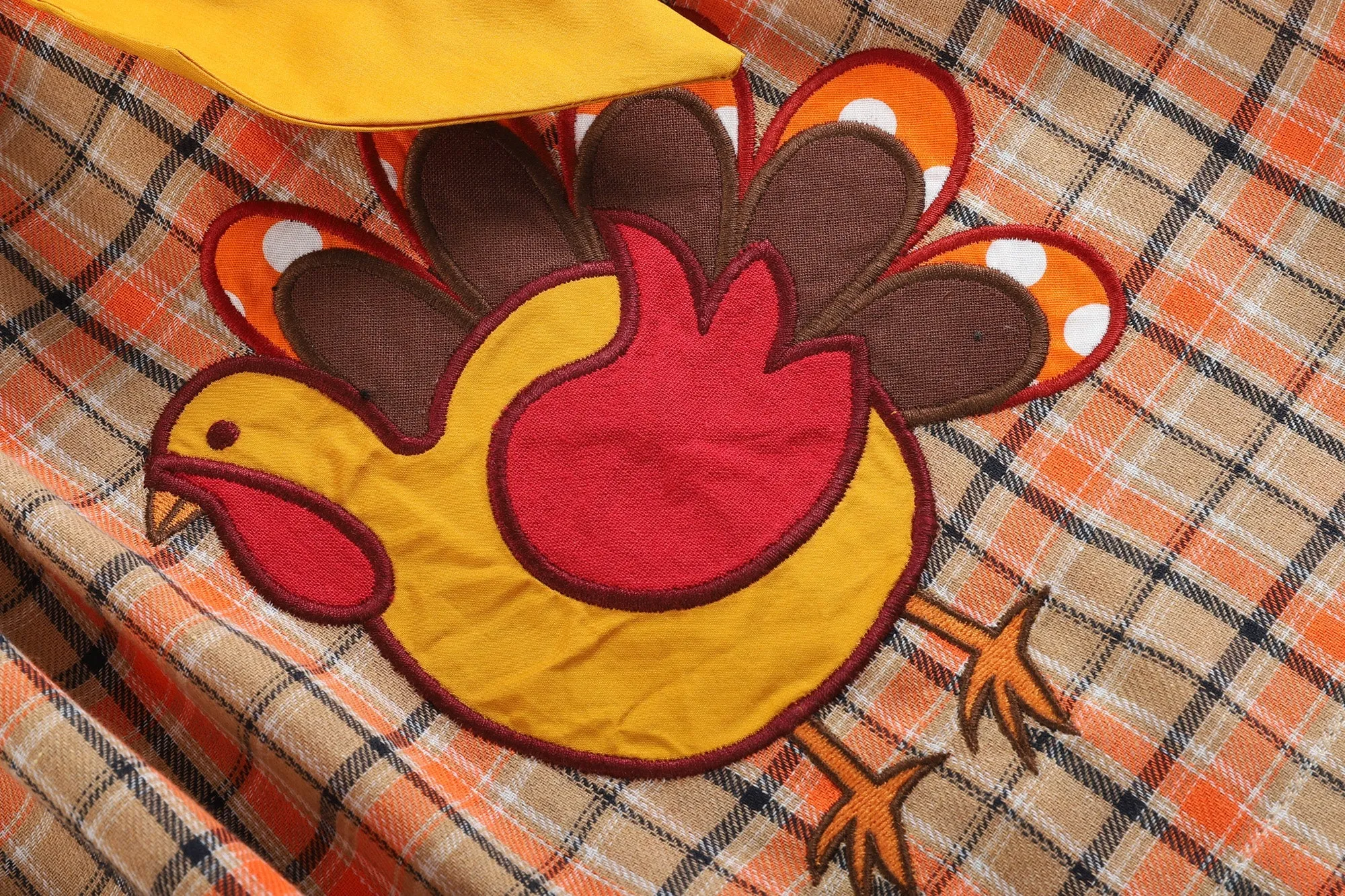 Brown & Mustard Plaid Turkey Bow Corduroy Dress