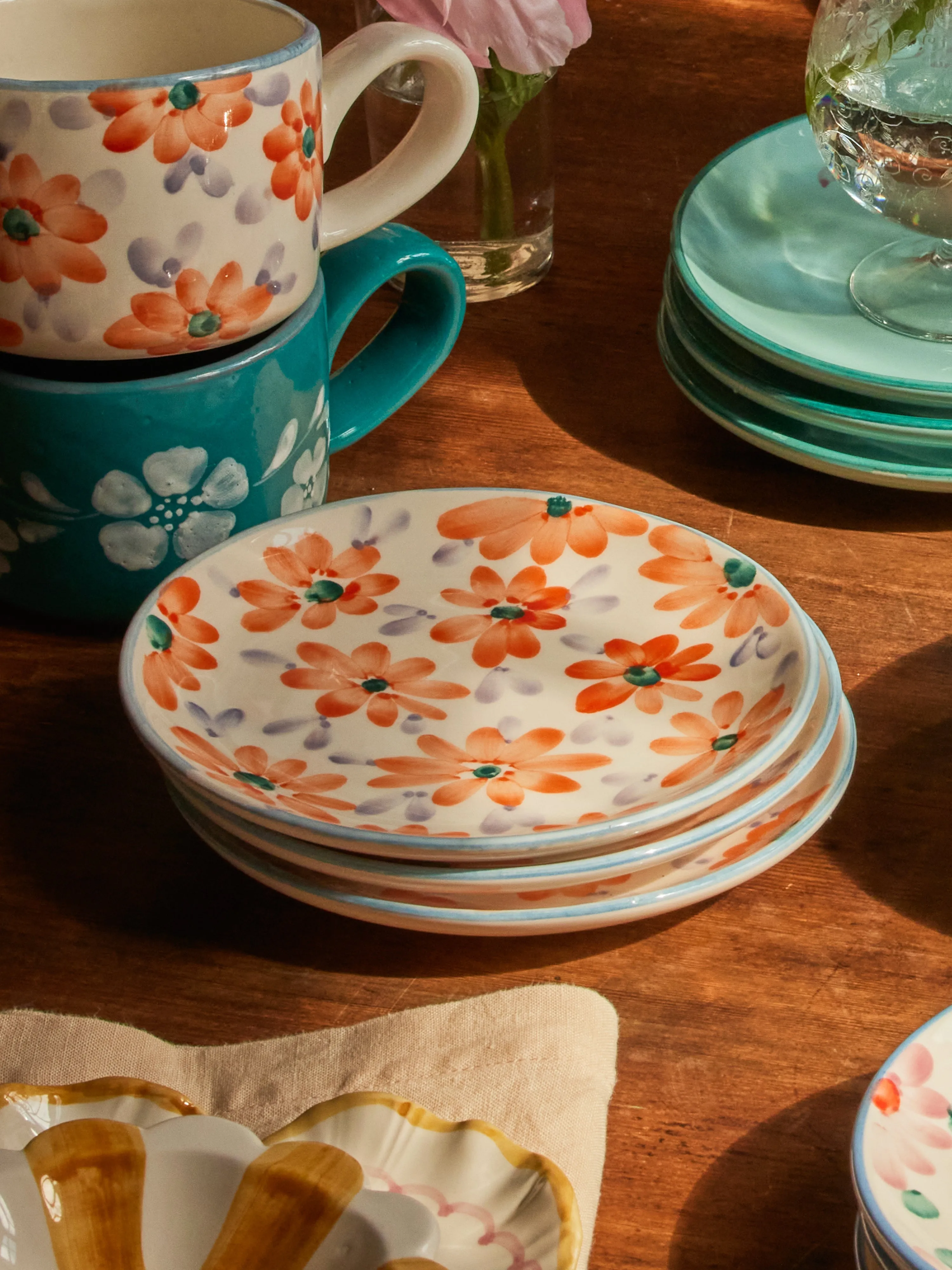 Ceramic Cake Plate with Hand Painted Orange Flowers