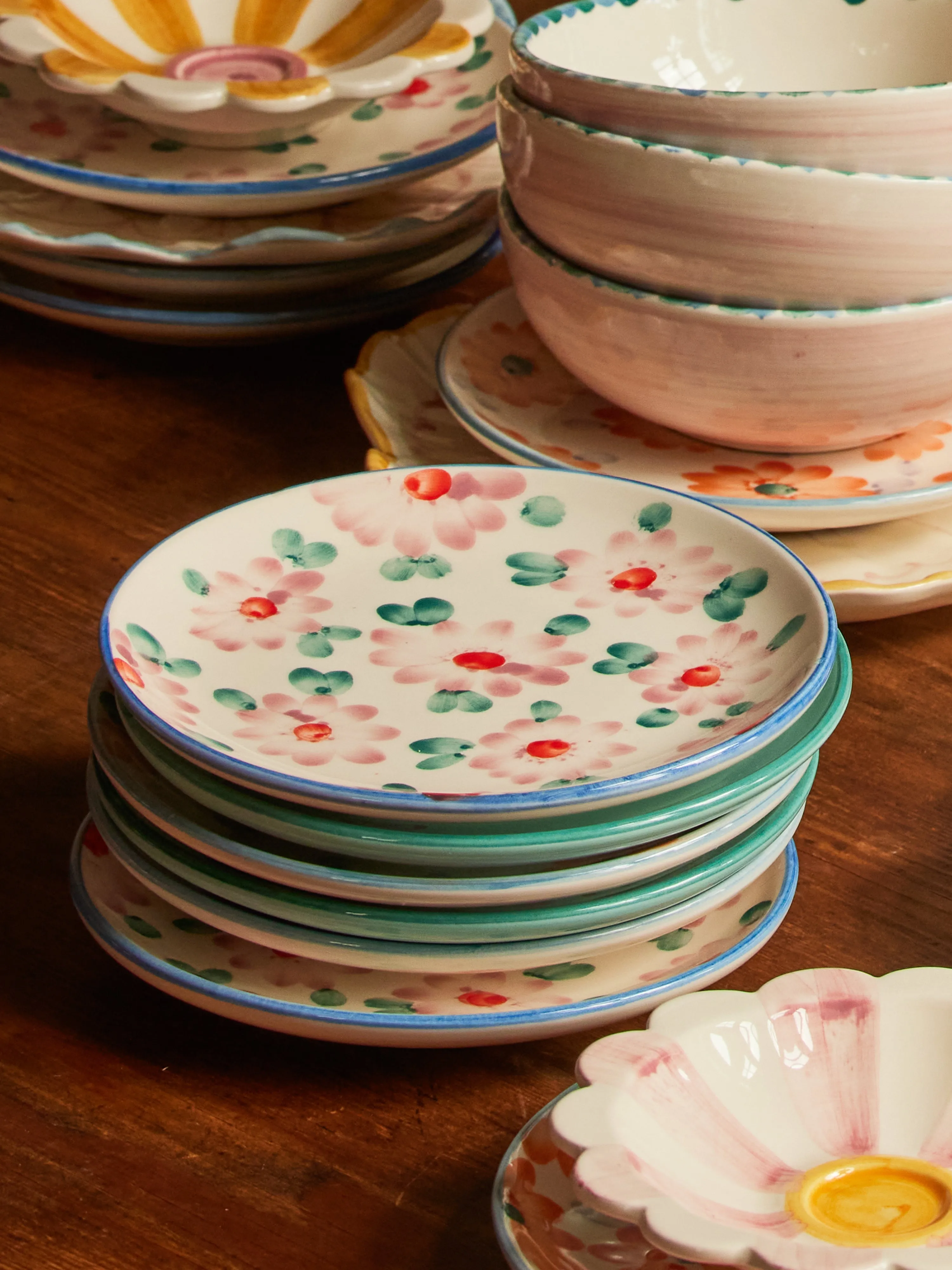 Ceramic Cake Plate with Hand Painted Pink Flowers