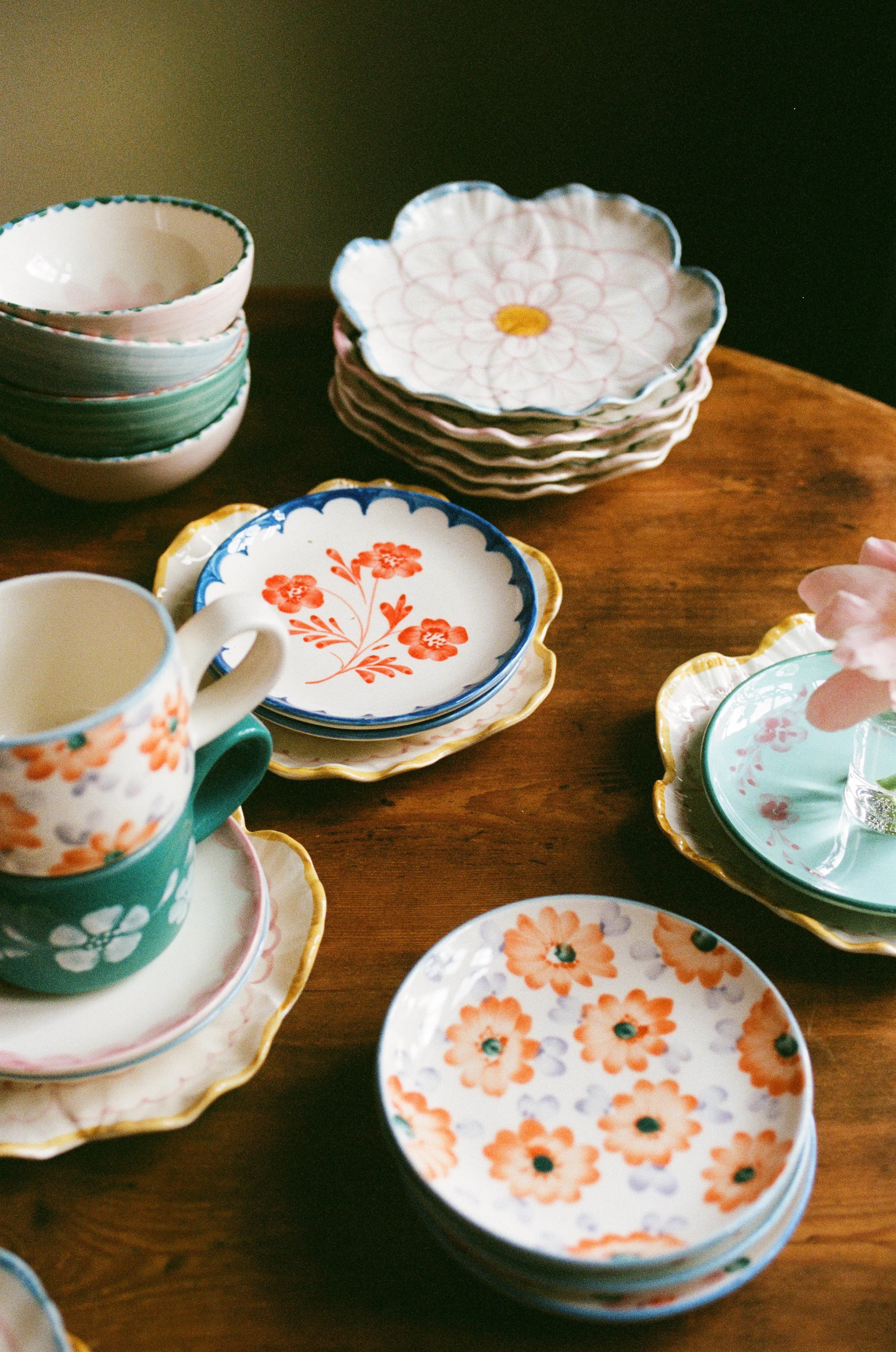 Ceramic Cake Plate with Hand Painted Vintage Flower