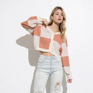 Checkered Cardigan (Salmon Multi)
