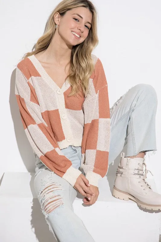 Checkered Cardigan (Salmon Multi)