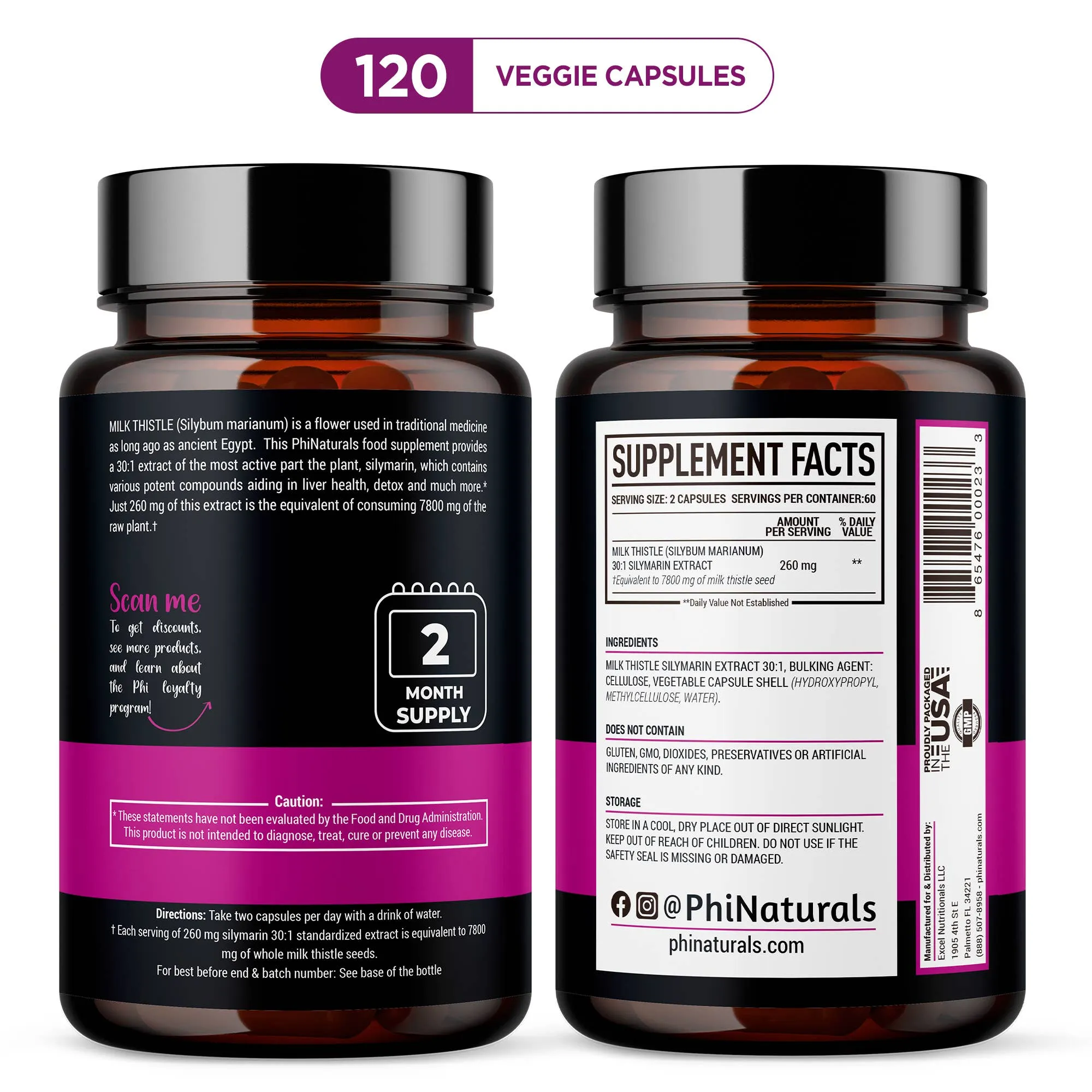 Excel Nutritionals LLC DBA Phi Naturals - Milk Thistle Silymarin 30x Extract Supplement: 1-Pack