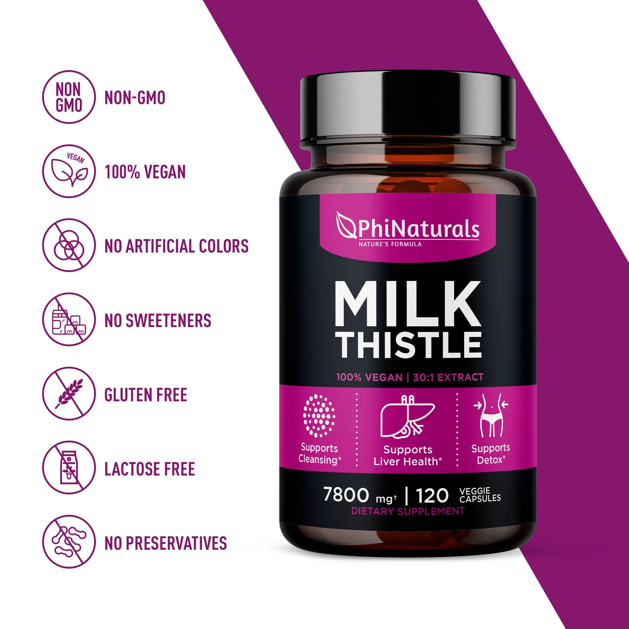 Excel Nutritionals LLC DBA Phi Naturals - Milk Thistle Silymarin 30x Extract Supplement: 1-Pack