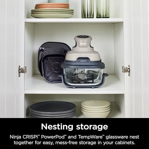 Ninja Crispi Air Fryer, Microwave, Freezer & Dishwasher Safe, Non Toxic Glass Portable Cooking System, 4 QT & 6 Cup Glass Containers with Storage Lids, Easy Meals, Air Fry, Bake, Stone, FN101ST
