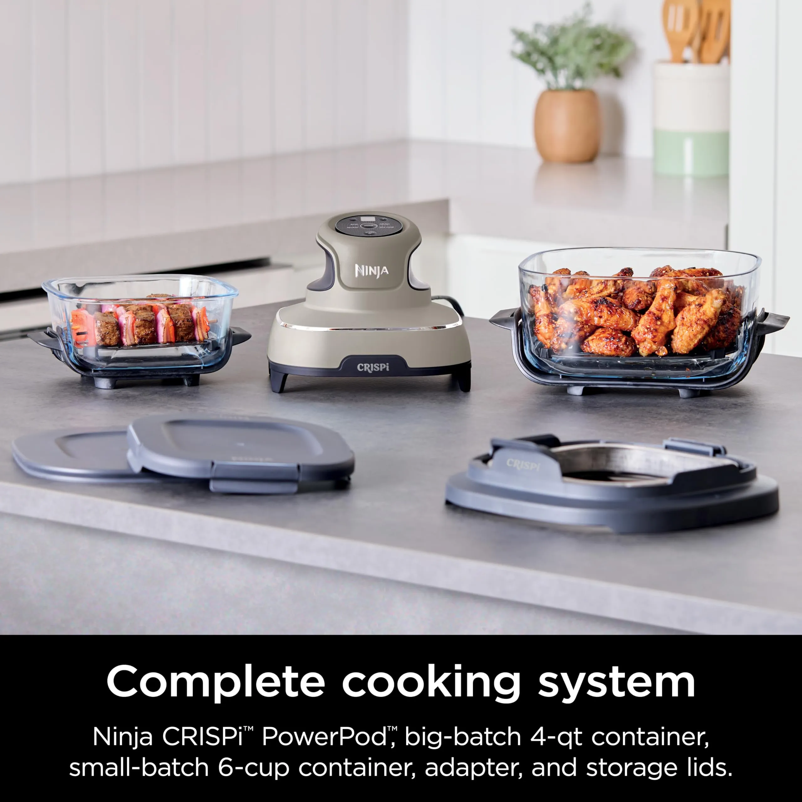 Ninja Crispi Air Fryer, Microwave, Freezer & Dishwasher Safe, Non Toxic Glass Portable Cooking System, 4 QT & 6 Cup Glass Containers with Storage Lids, Easy Meals, Air Fry, Bake, Stone, FN101ST