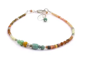 Sterling Silver Turquoise Shell Heishe Olive Wood Salmon Coral Assorted Glass Seed Beads 7.25" Bracelet BA1974