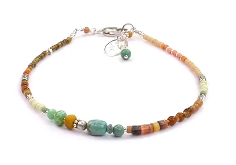 Sterling Silver Turquoise Shell Heishe Olive Wood Salmon Coral Assorted Glass Seed Beads 7.25" Bracelet BA1974